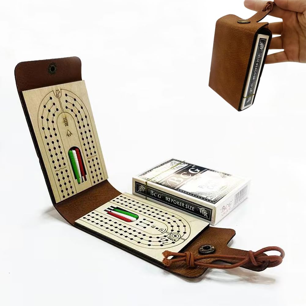 Foldable Travel Cribbage Board Game Set, Leather Cribbage Board Set - 6 Pegs, 1 Playing Card and Instruction, Portable Travel Cribbage Board with Storage Area for Cribbage Lovers (1pcs)
