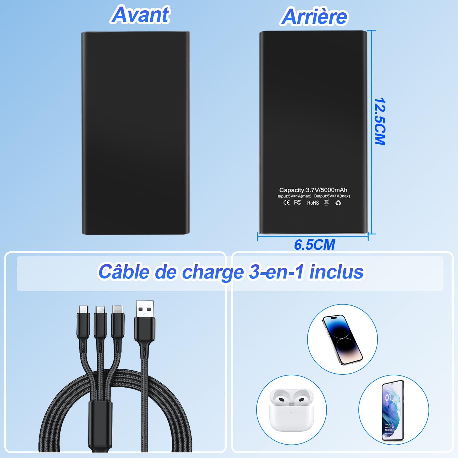 Caméra Espion Power Bank, Double Fonction 1080P HD Caméra Cachée Power Bank, Batterie 5000 mAh pour 17 Heures D'enregistrement avec Câble USB 3-en-1