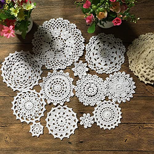 MINDPLUS Set of 24 Hand Crochet Doilies Cotton Lace Table Placemat Mini Doilies 2-7 Inch Round White Beige Vintage Wedding Tea Party (12pcs White and 12pcs Beige) - Image 3