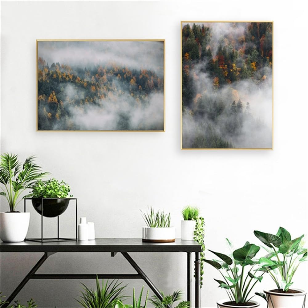 WUHBCZ Canvas Paints,Abstract Foggy Weather and Pine Trees Landscape Poster Canvas Prints Forest Mountain Photography Art Painting Picture Home Wall Art Decor-60 * 70cm*2PCS (No Frame)