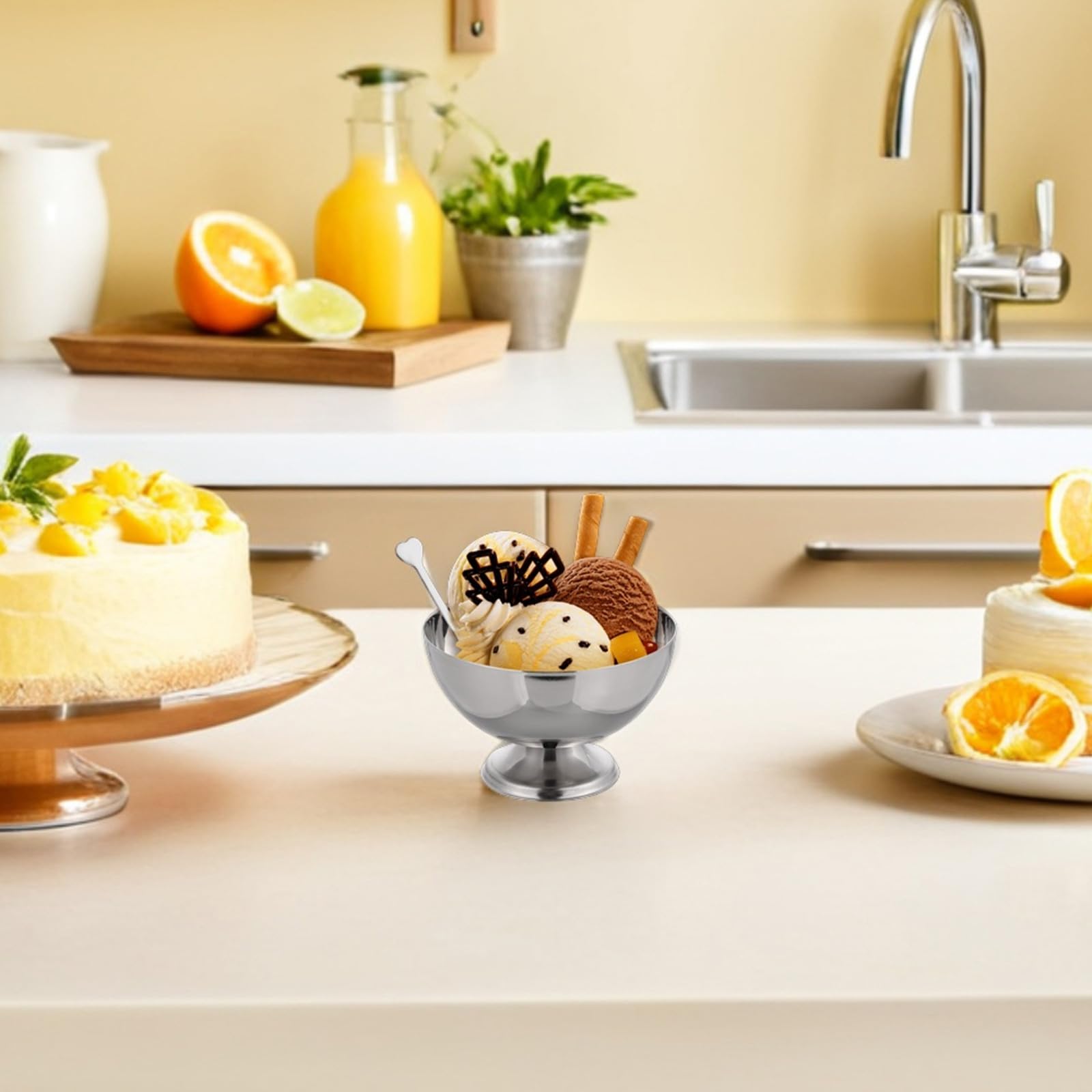 SHINEOFI Eisbecher, 6 Stück, 300 Ml, Edelstahl-dessertbecher mit Gabel, Salatschüssel, Eisbecher mit Fuß für Eiscreme, Joghurt, Süßigkeiten, Snacks, Obst, Kuchen – Party, Zuhause, Restaurants