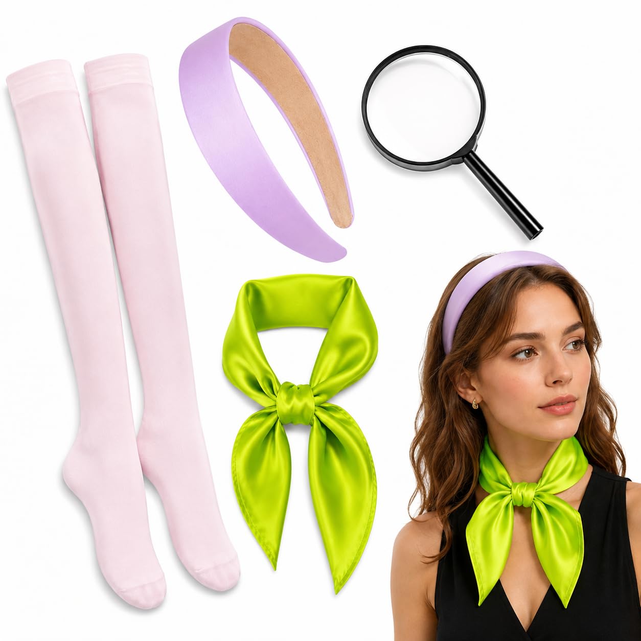 4pcs Costume for Daphne Accessories, Purple Headband Green Scarf Set