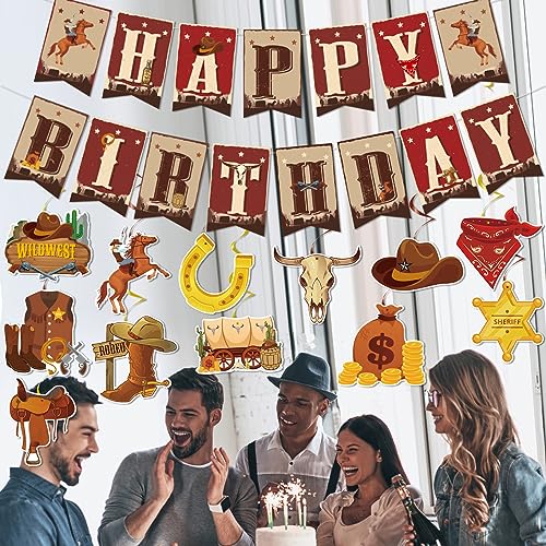 Image of Western Cowboy Birthday Party Decorations - NOVBAUB 29PCS Cowboy Theme Party Decorations Hanging Swirls Party Streamers Banner Western Rodeo Birthday Decor Supplies for Boys Men
