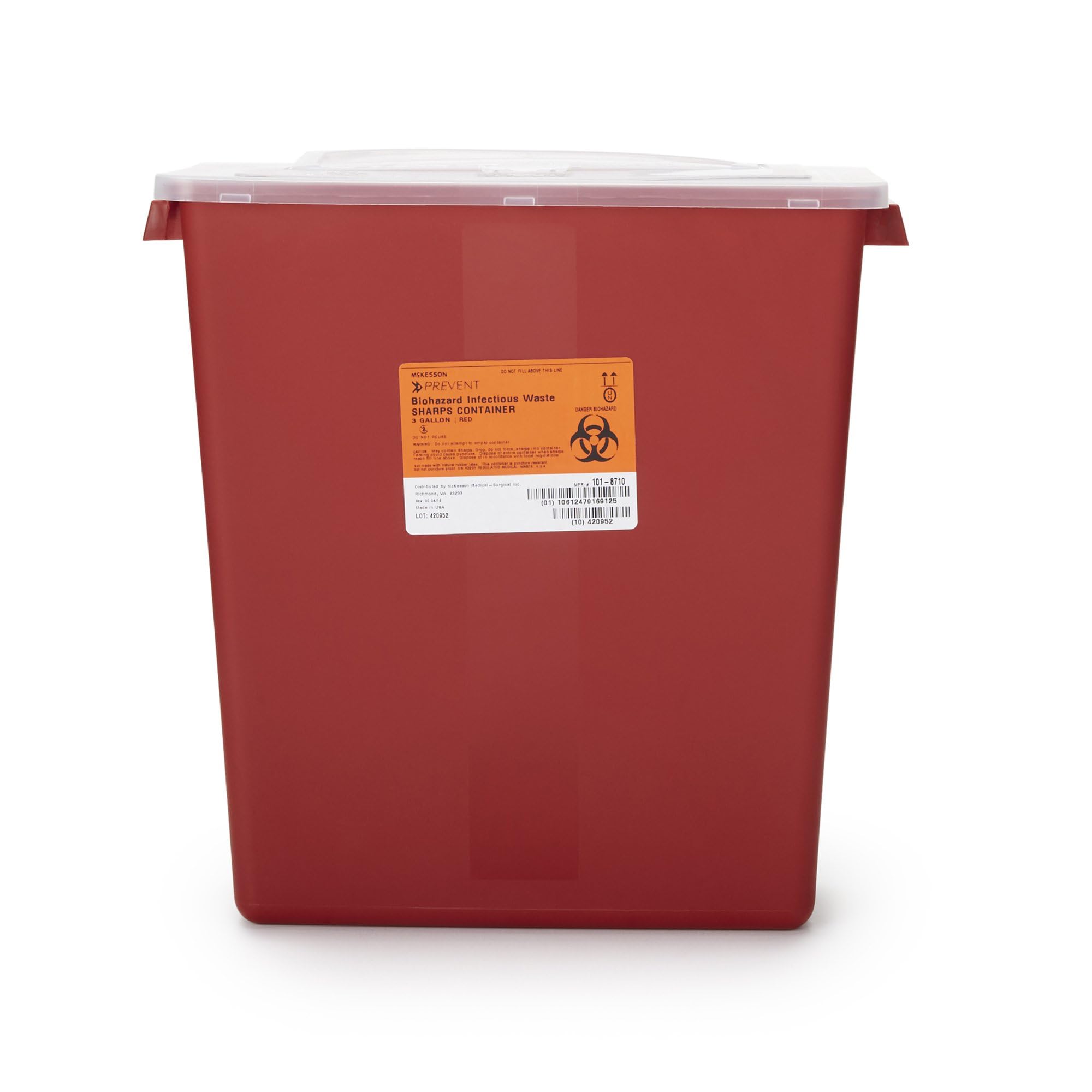 McKesson Sharps Container, Stackable, Locking Lid, Red, 3 gal, 12 in x 6 in x 13.5 in (L x D x H), 12 Count