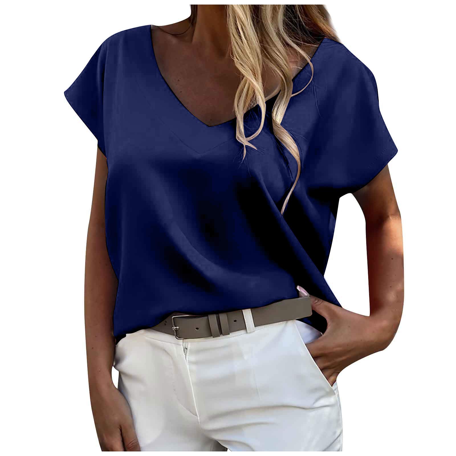 XUNN Women's Tops Sexy Cute Batwing Sleeves Loose Large Fashion Short Sleeve Casual V-Neck Top T-Shirt Women Blouse Top - Blue - Medium