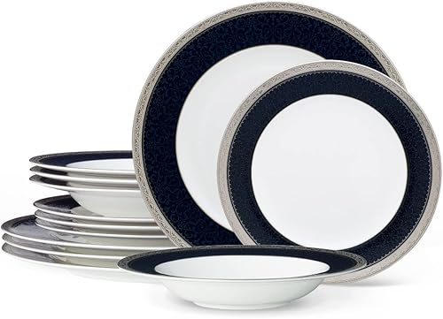 Noritake Odessa Cobalt Platinum - Juego de 12 piezas, color azulblanco