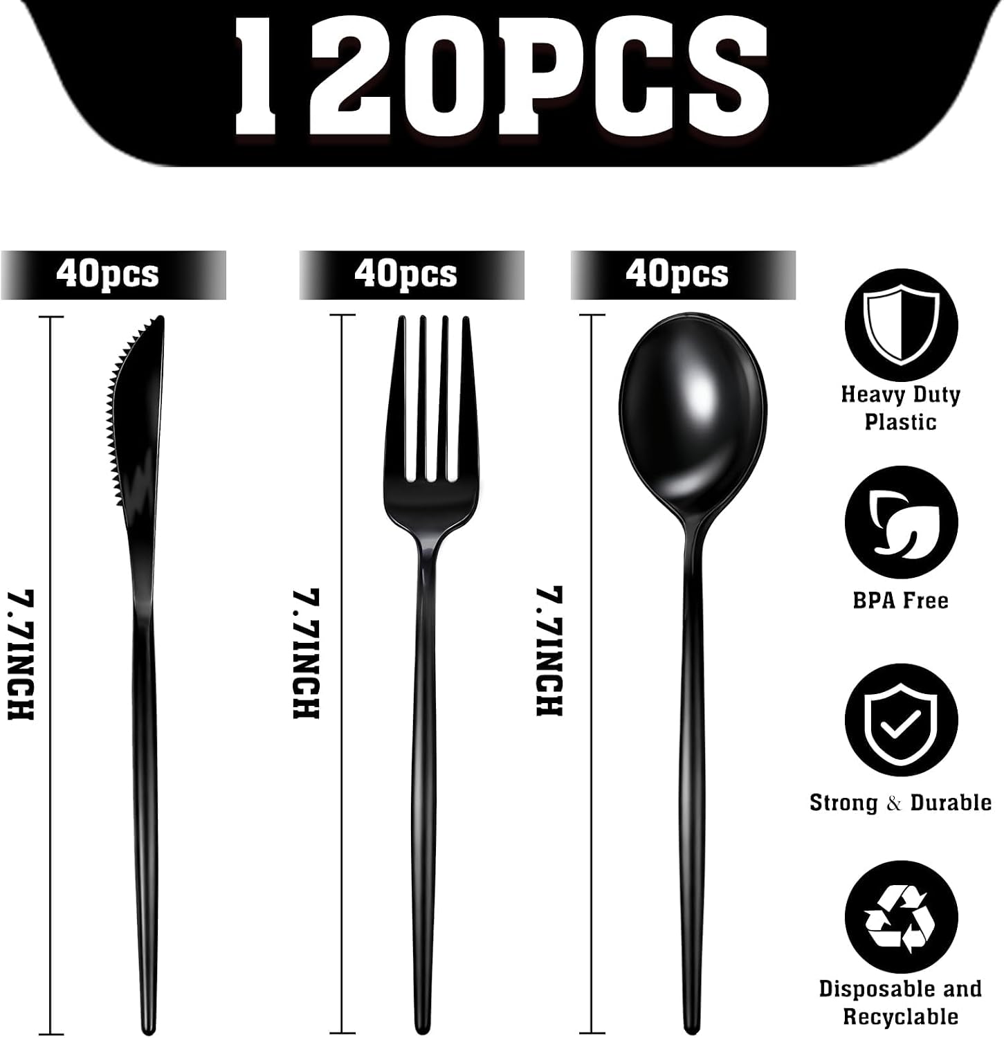 120pcs Black Plastic Silverware Disposable Black Plastic Utensils Heavy Duty includes Forks and Spoons and Knives Sets,Disposable Cutlery Set Sturdy for Birthday Prom Graduation Happy New Year