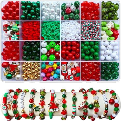 1540PCS Christmas Beads for Bracelets Jewelry Making Kit Christmas Tree Snowflake Charms Red Green Xmas Clay Beads Assorted Acrylic Crystal Round Pearl Star Spacer Bead for DIY Crafts Necklace