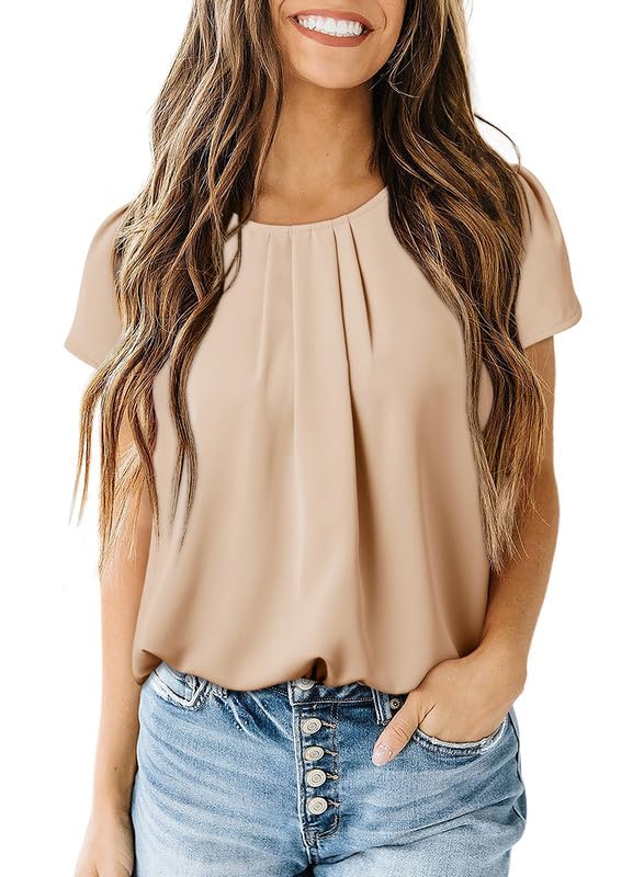 Dokotoo Women's Casual Round Neck Basic Pleated Tops Short Sleeve Loose Fit Curved Keyhole Back Chiffon Blouses Tshirts