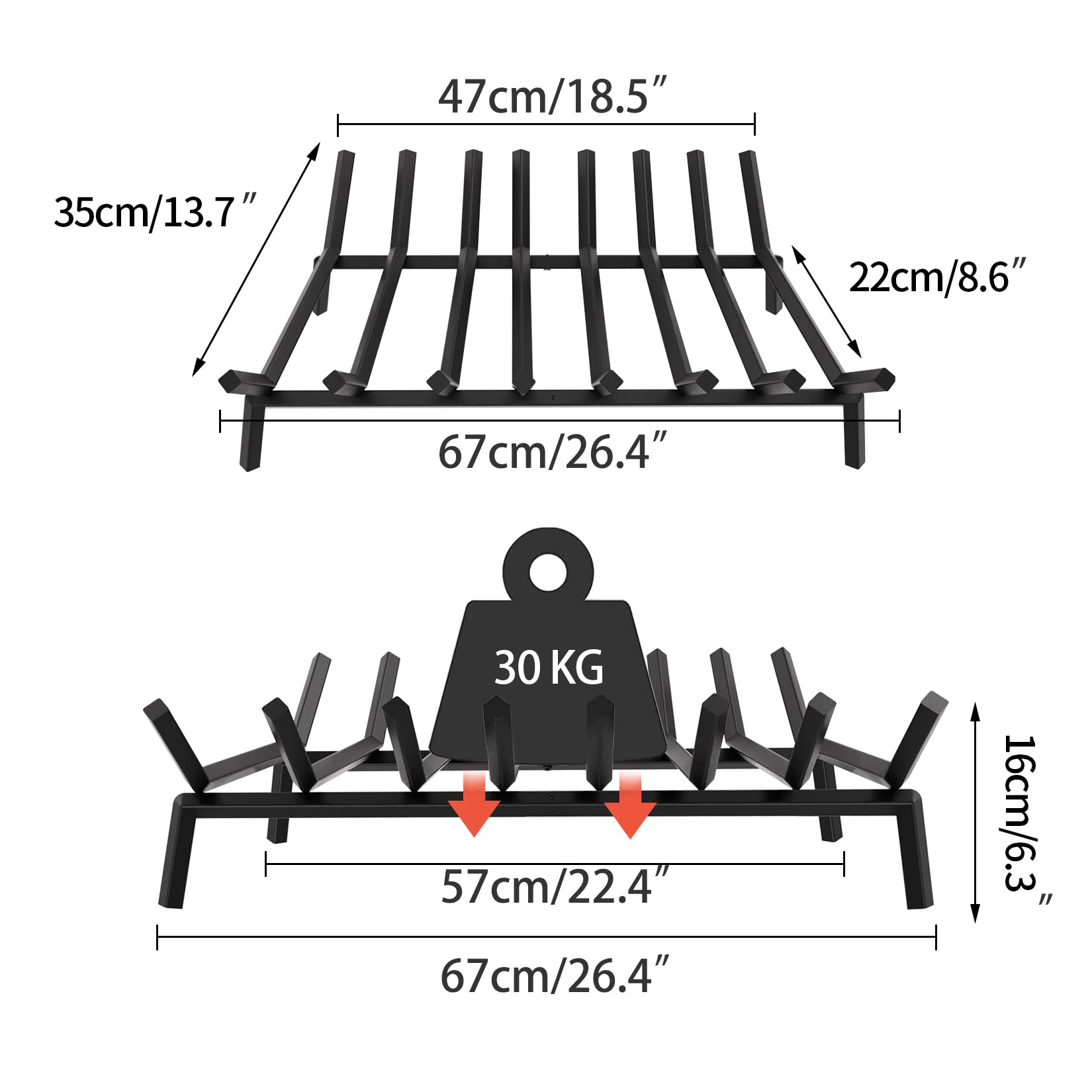 UNHO Braciere Camino Brucialegna Legna: Griglia per Camino a Legna Culle Portalegna in Ghisa Porta Legna accessori Attrezzi Caminetto in Ferro, Robusto, interno, esterno Totale 67x35cm, Portata 30kg