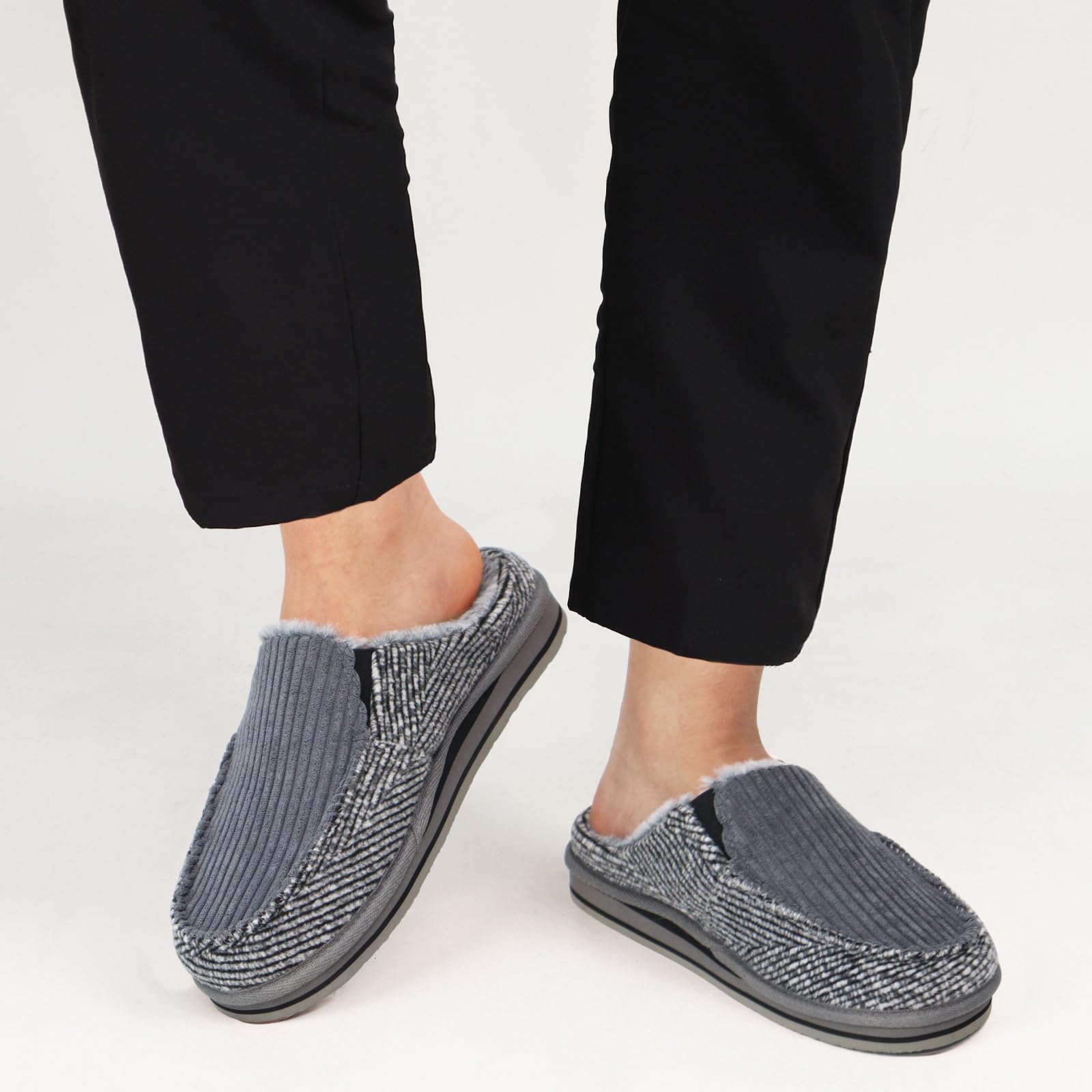 ONCAI Pantofole da Uomo in Comfort Pelo Cotone Strisce Ciabatte da Casa in Lana con Memory Foam Supporto Arco Suola in Gomma Taglia 40-50
