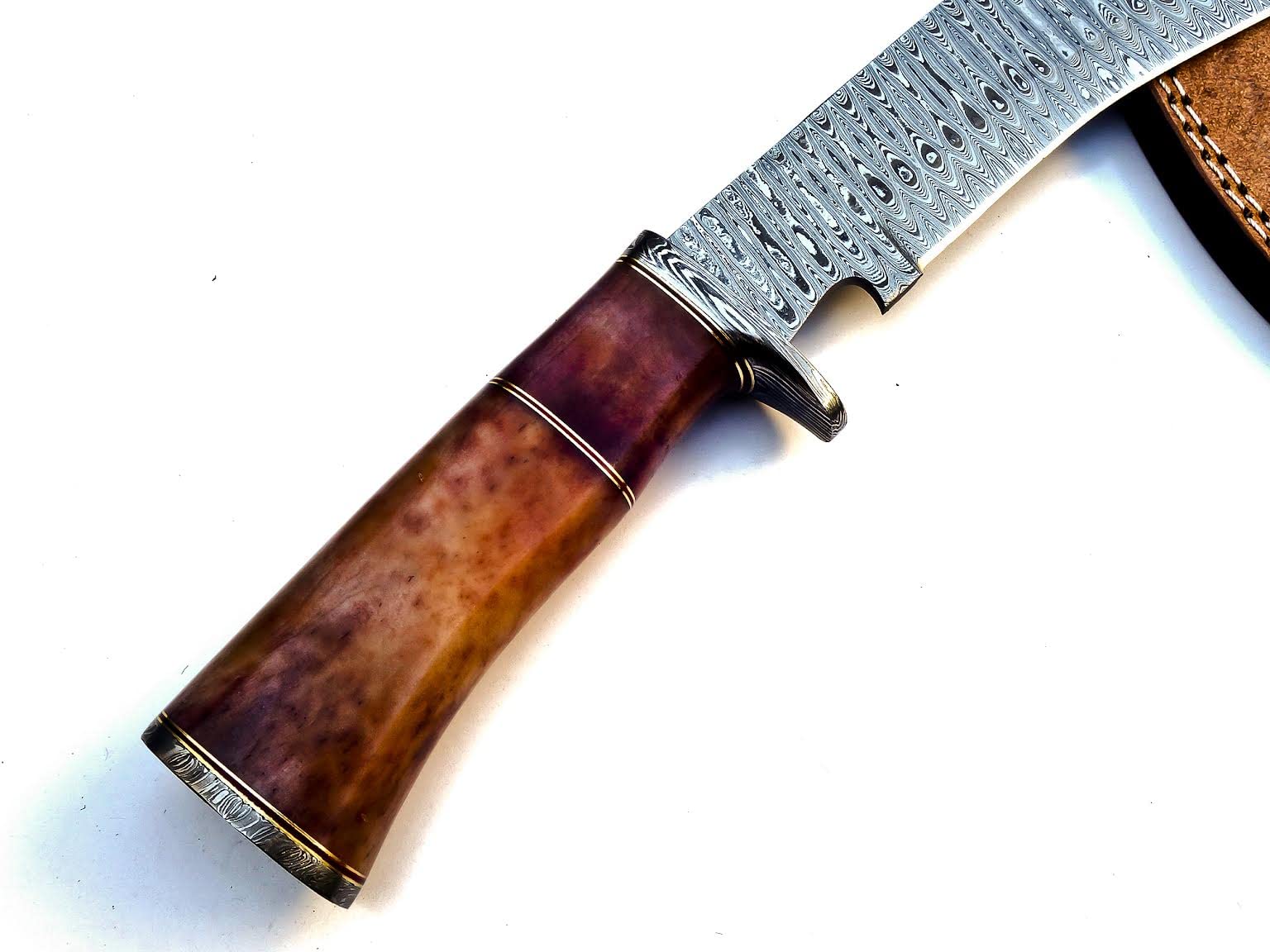 BK3034 Handmade Damascus Steel 15 Inches Damascus Steel Kukri Knive Coloured Cammel Bone