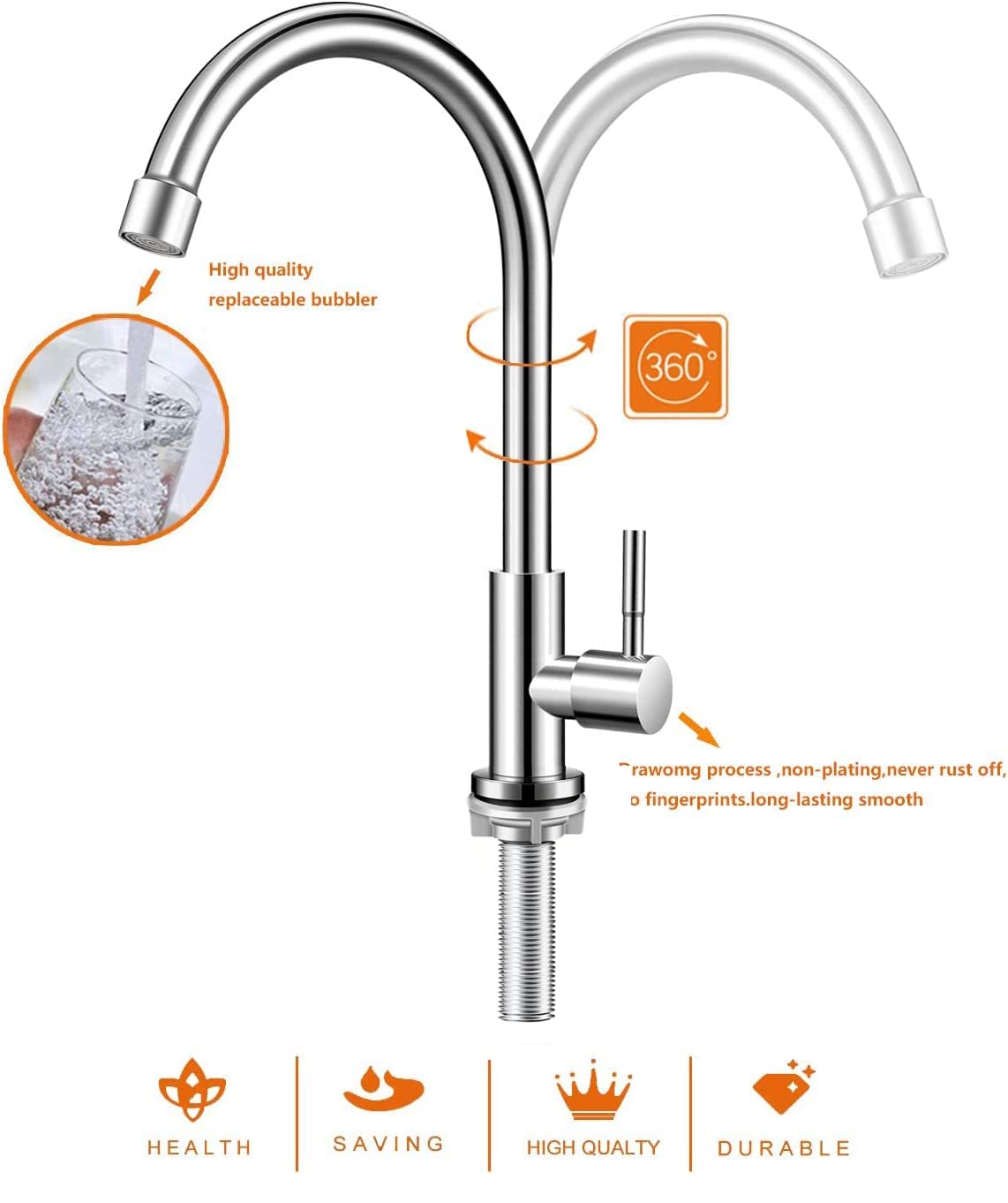 Grifo de agua fría solamente, grifo de cocina de agua fría de un solo agujero, níquel cepillado, grifo frío de acero inoxidable para cocina. Al aire libre (tuerca de acero inoxidable, varilla roscada