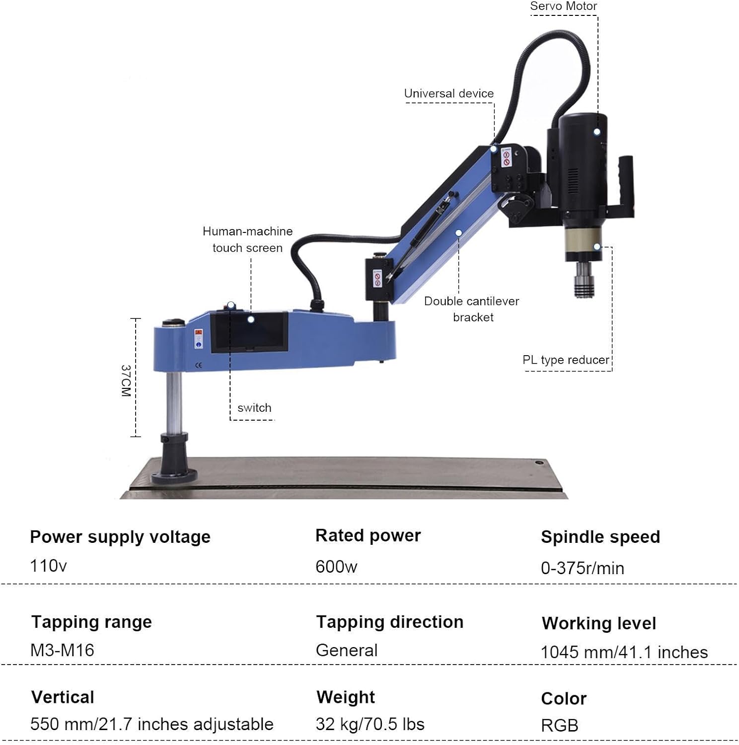 M3-M16 Electric Tapping Machine Tapper Tapping Arm Universal 360 Degree 8PCS ANSI Collets Included, 110V, 0-375RPM