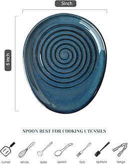 Ceramic Spoon Rest for Stove Top, Spoon Holder for Kitchen Counter, Farmhouse Cooking Utensil Holder for Spoons, Ladles, Spatula, Glazed Blue