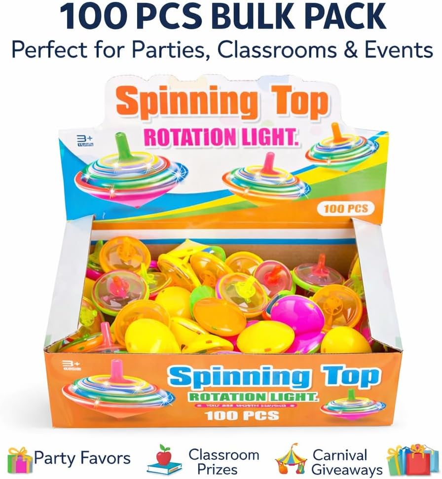 100 Pieces LED Light Up Flashing Mini Spinning Tops with Gyroscope - Kids Novelty Bulk Spin Toys Party Favors Bundle Pack Multicolored