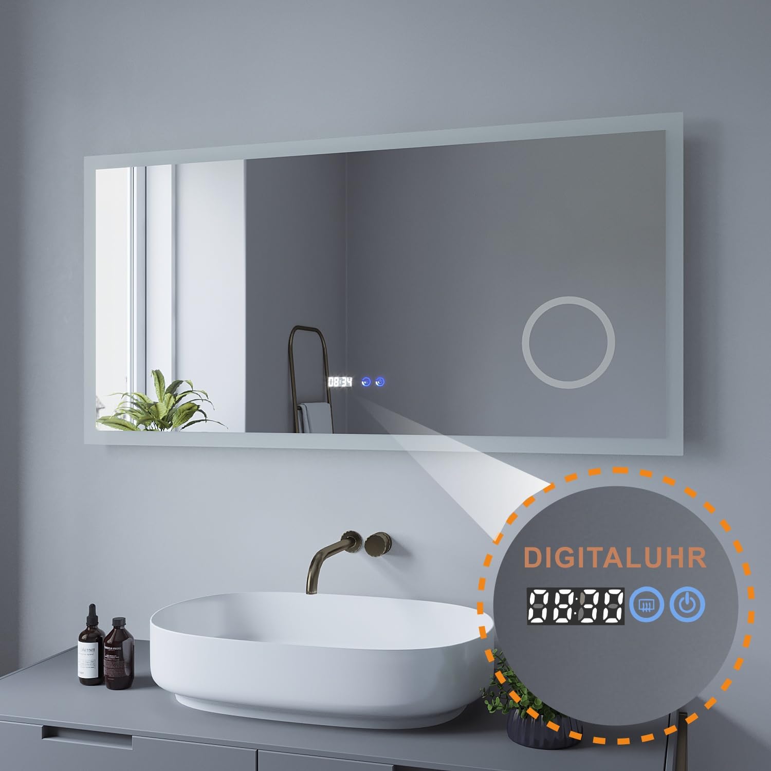 Led Badspiegel mit Digital Uhr 120x60 cm Schminkspiegel mit Beleuchtung