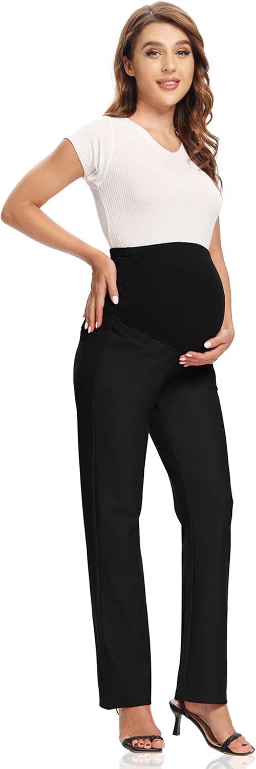Foucome Women's Maternity Pants Comfy Stretch Dress Work Pants Straight Leg Pregnancy Slacks with Pockets - Image 5