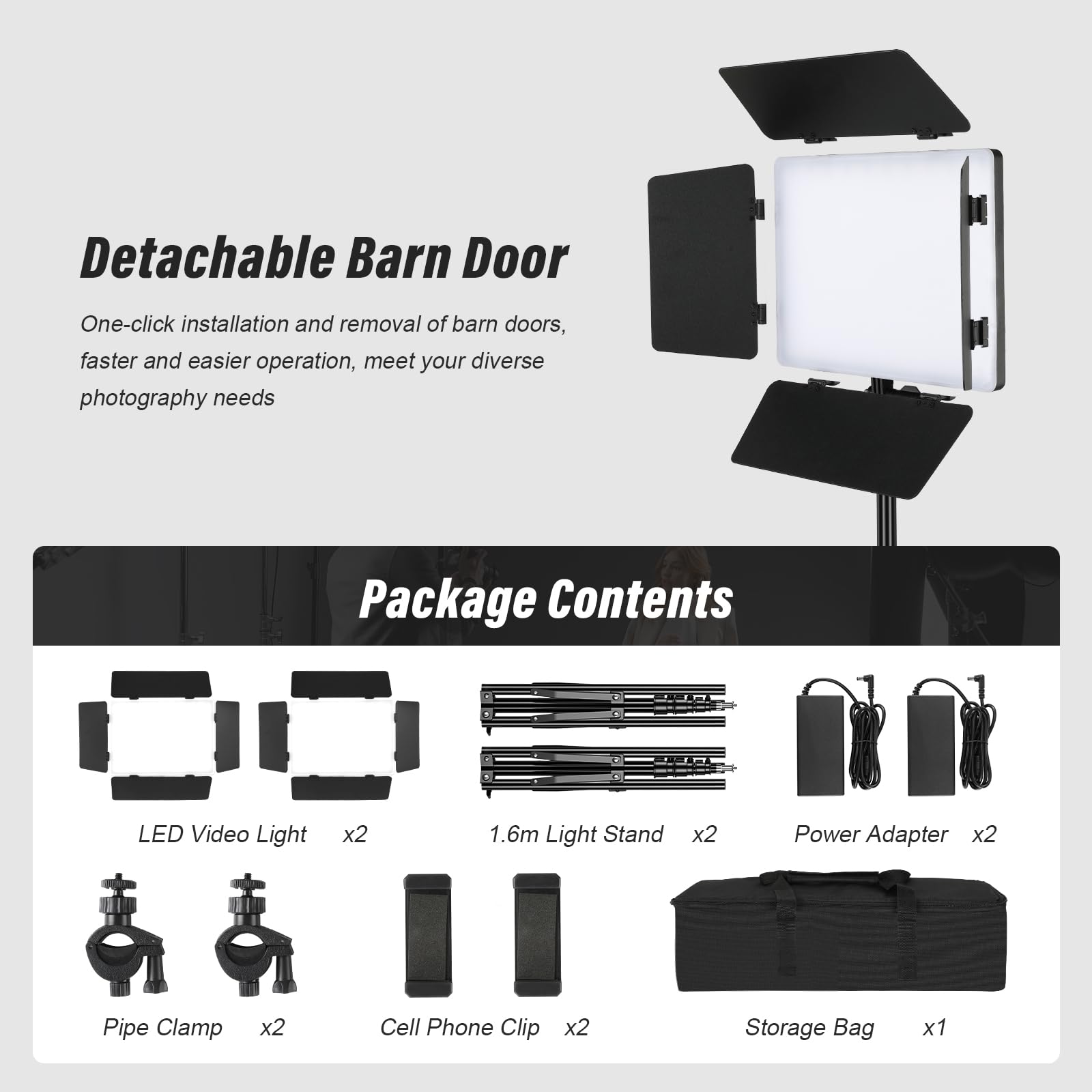 Soonpho 2-Pack Bi LED Video Licht Panel Set mit Scheunentor 2500-6500K Dimmbar 20W Light Fotografie Studio Beleuchtung mit Stativ Stand und Handy Halterung für Video YouTube Live Streaming