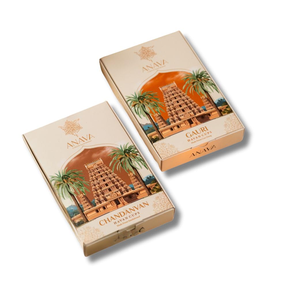 Anava Sacred Havan Cups Combo Pack-Cow Dung & Chandan Essence- Pack of 2| 28 Havan Cups + 2 Free Stand| Blend of Jatamansi, Natural Herbs. Chandan and Cow Dung