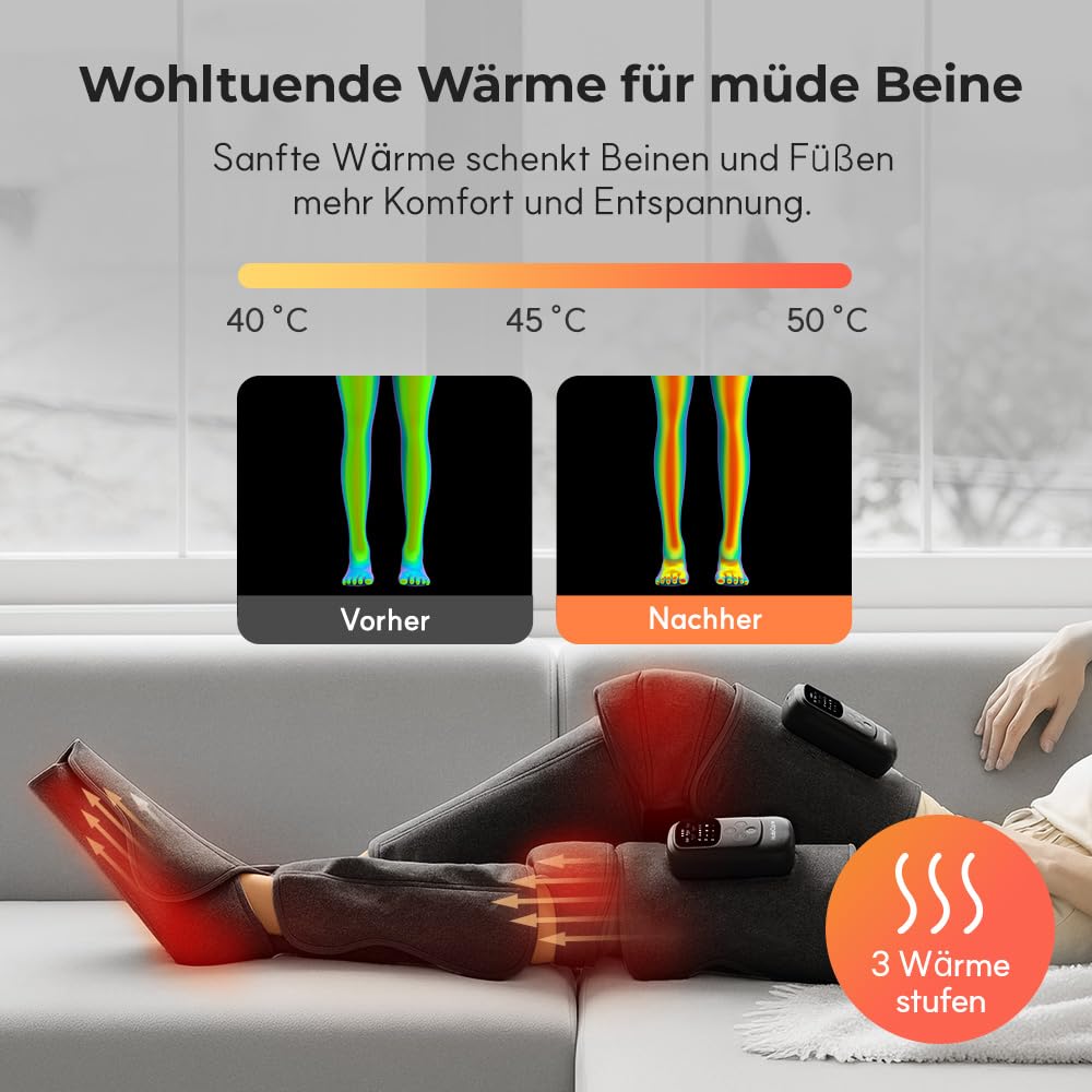 HuBDIC HubiCare Kabelloses Beinmassagegerät mit Wärme- und Luftkompression für Durchblutung und Schmerzlinderung, 5 Modi mit 5 Intensitäten, reduziert Schwellungen, Muskelentspannungsgerät (Schwarz)