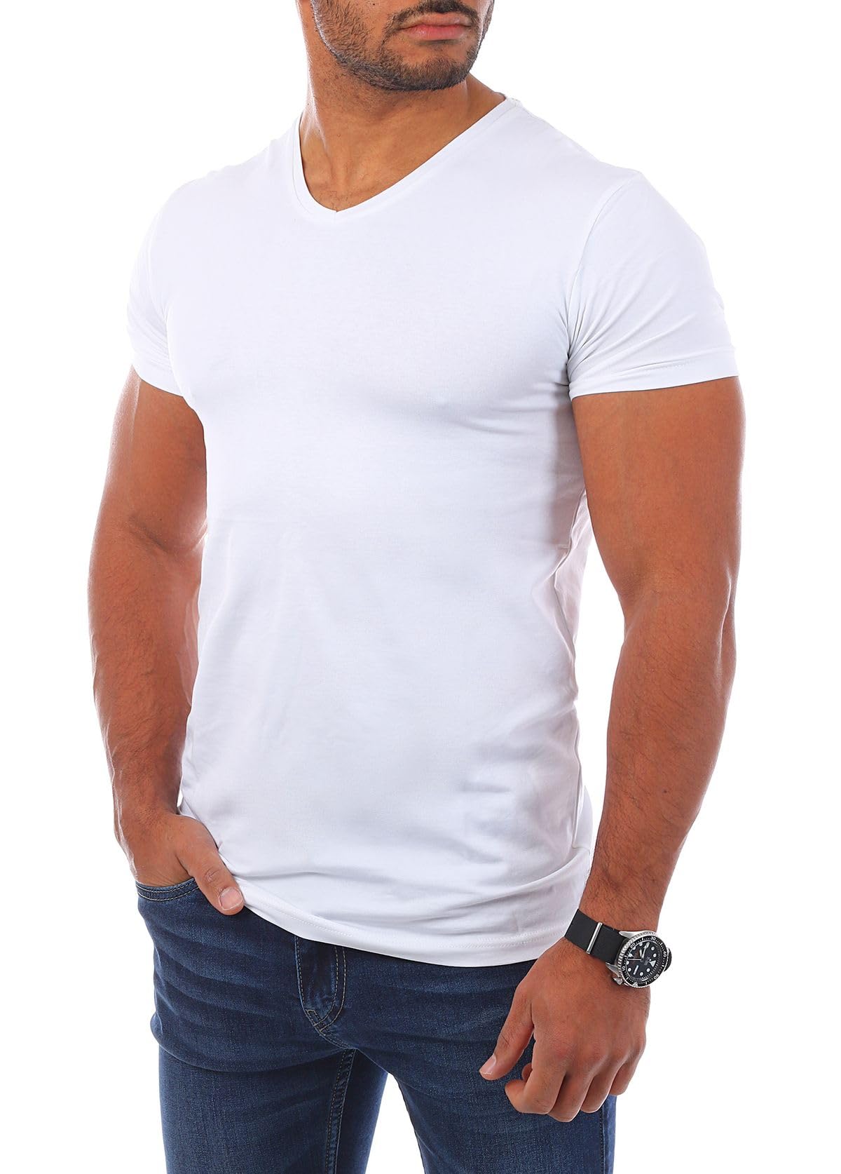 Young & Rich Herren Uni T-Shirt mit V-Ausschnitt Basic V-Neck Tee mit Stretchanteilen einfarbig Slim fit 1700
