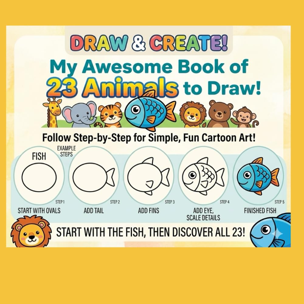 Learn to Draw 23 Animals: Step-by-Step Drawing for Kids: Simple Step-by-Step Drawing With Practice Circles for Kids Ages 4–12