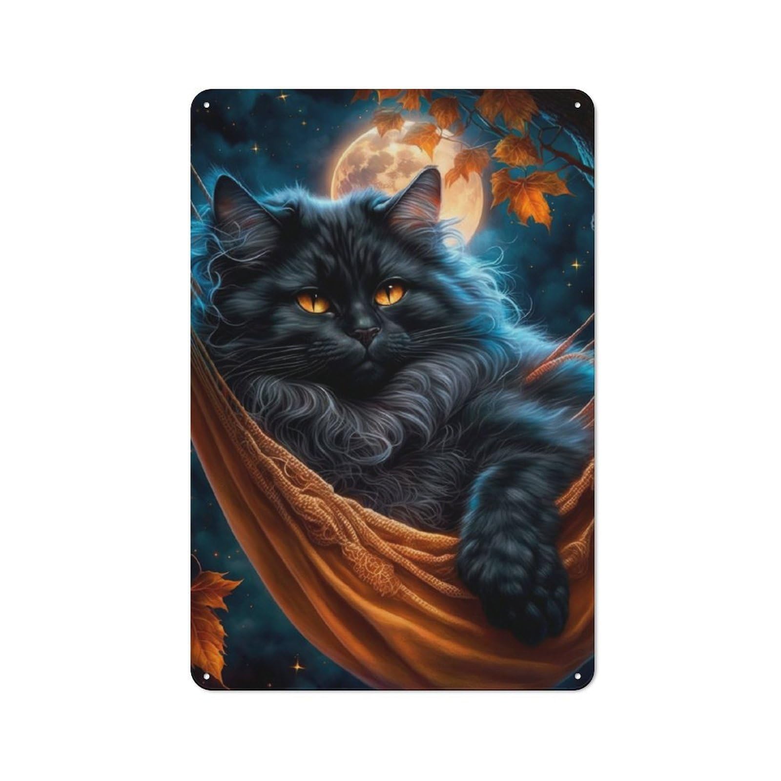 Junmoney Black Cat Under The Moon Character Metal Wall Decor 30X20cm, Vintage Metal Sign For Home, Shop, Pub Or Studio Wall