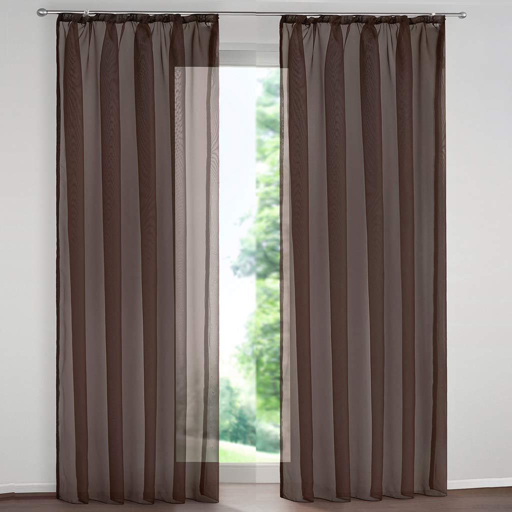 SIMPVALE 2 Panels Sheer Curtain - Elegant Solid Color Voile Curtains with Rail Hooks - for Bedroom Living Room Balcony, Brown, 140x250cm
