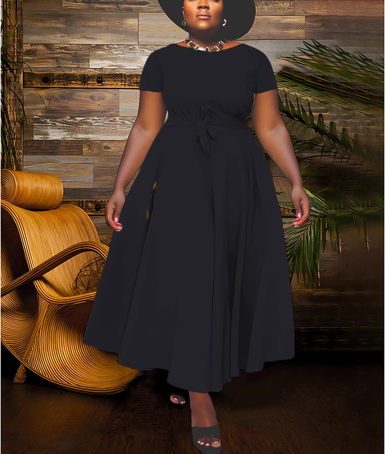 Image of Hostoyo Women Plus Size Formal A Line Maxi Dress Self Tie Waist with Pockets Elegant Round Neck Swing Long Dresses