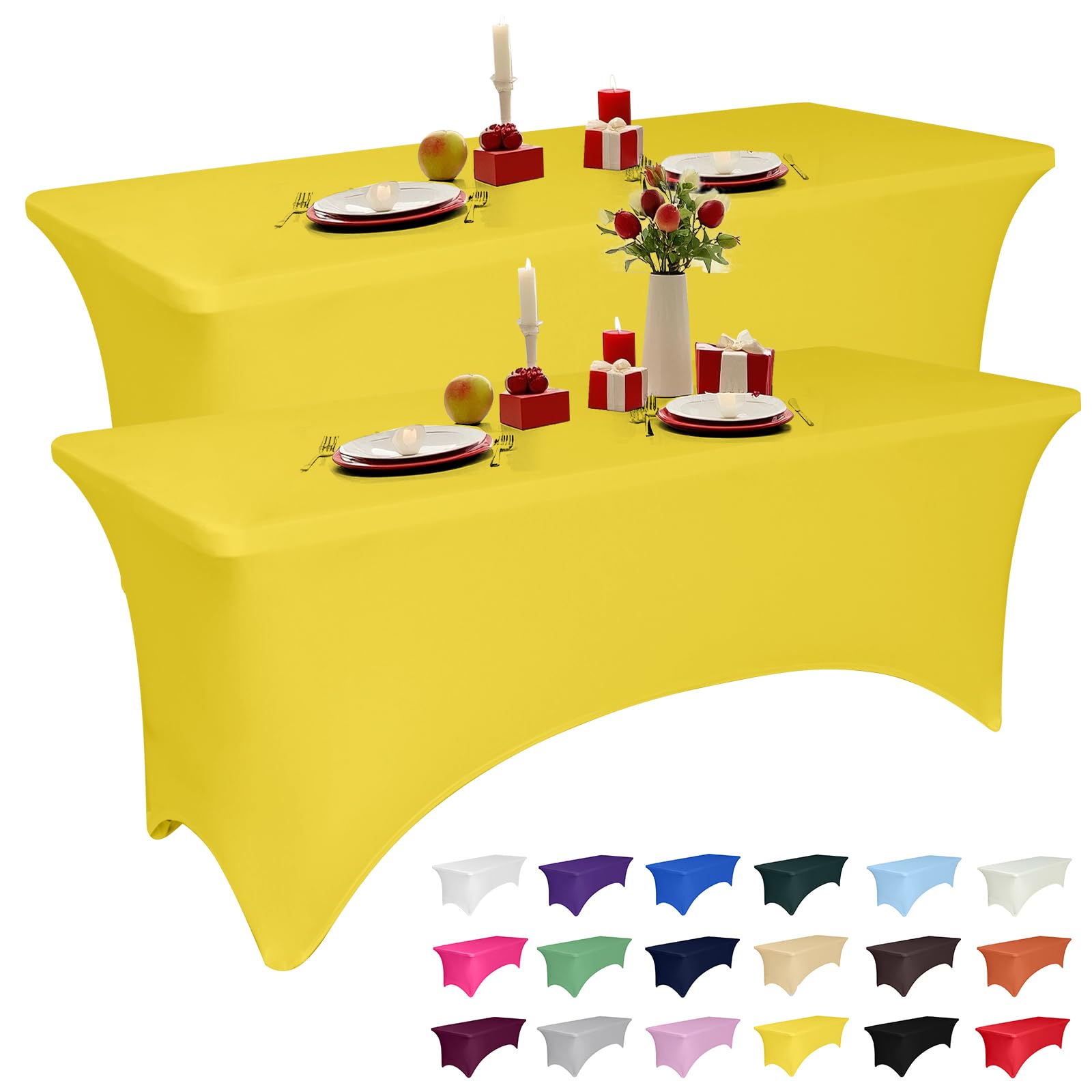 Photo 1 of ***DIRTY** 2 Pack 6 Feet Yellow Spandex Tablecloth for Rectangular Tables, Fitted & Stretch, Washable, Wrinkle Resistant, Perfect for Event, Wedding, Party, Banquet, Cocktail, Festival, and Table Protector