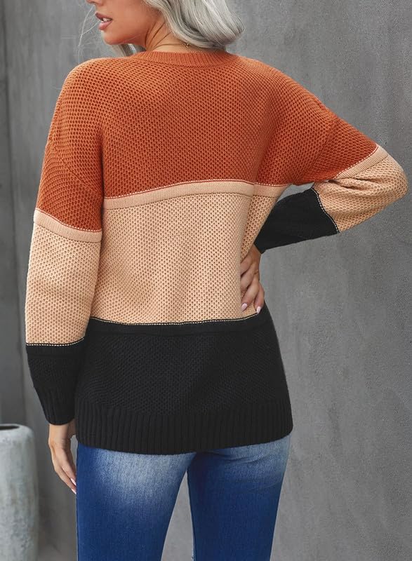 Image of Dokotoo Womens Color Block Sweaters Long Sleeve Pullover Knit Tops