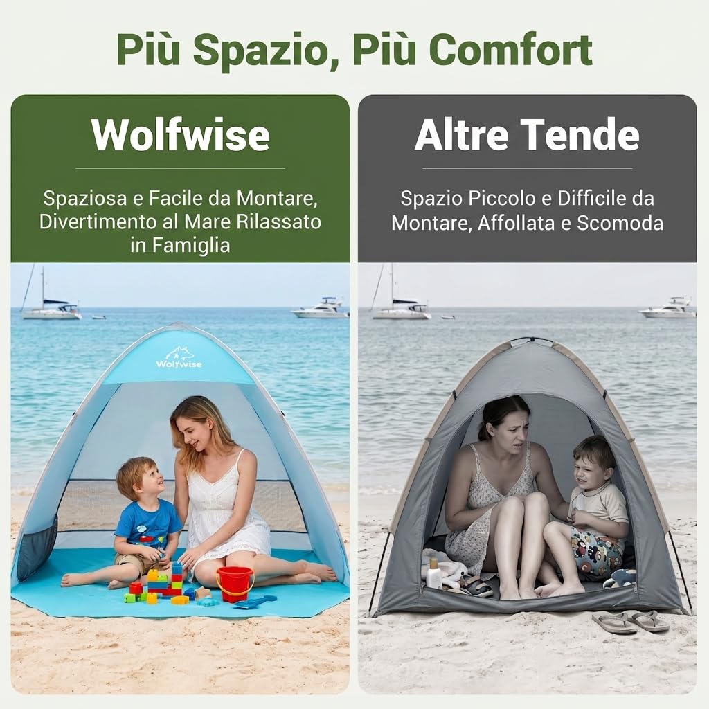 WolfWise Tenda da Spiaggia Pop-Up, Riparo da Spiaggia con Protezione UV 50+, Montaggio in Pochi Secondi, Idrorepellente e Ventilata