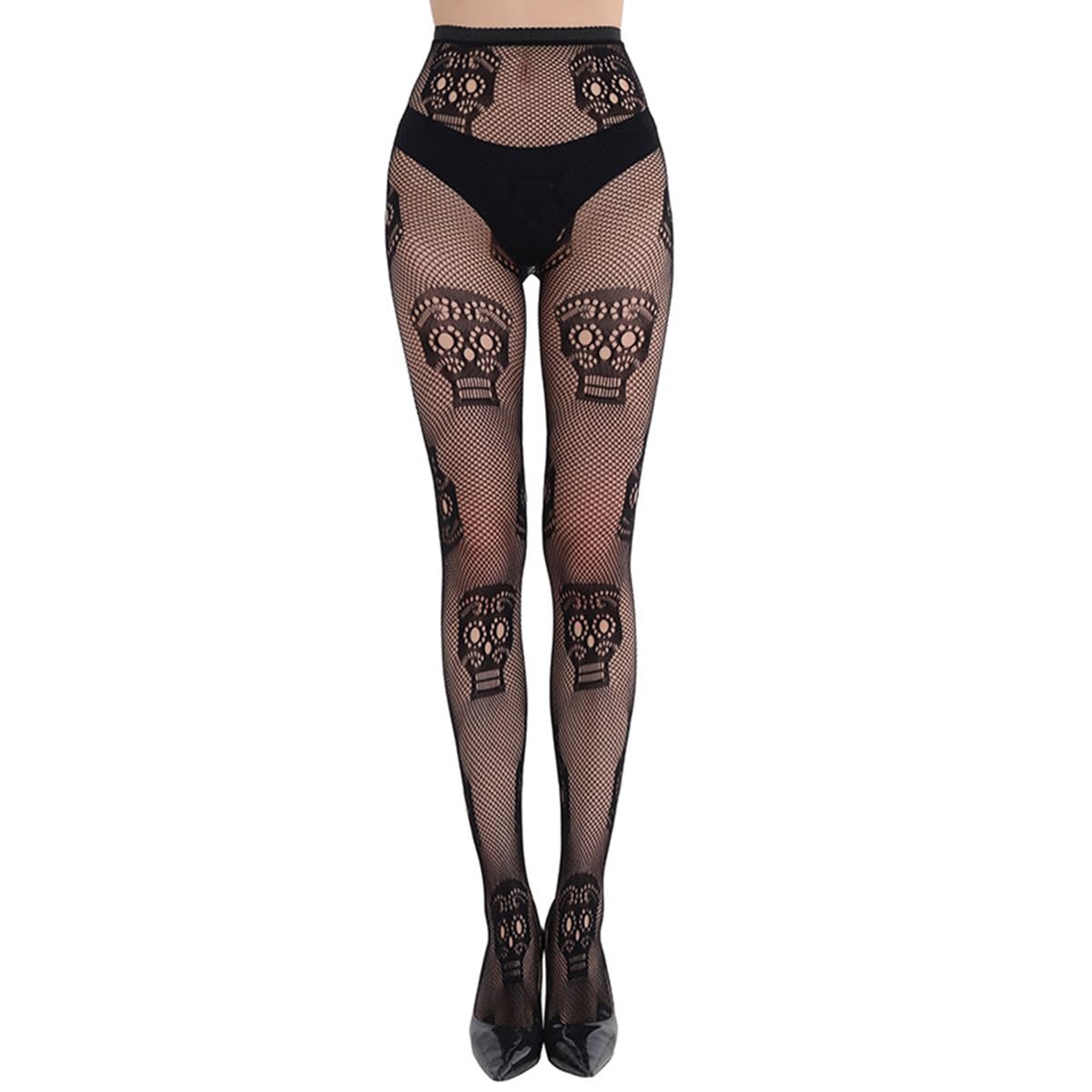 DRESHOW 6 Pack Fishnet Garter Belt Stocking Suspender Pantyhose Tights Thigh High Pantyhose: One Size 1 Pair: Large Skull