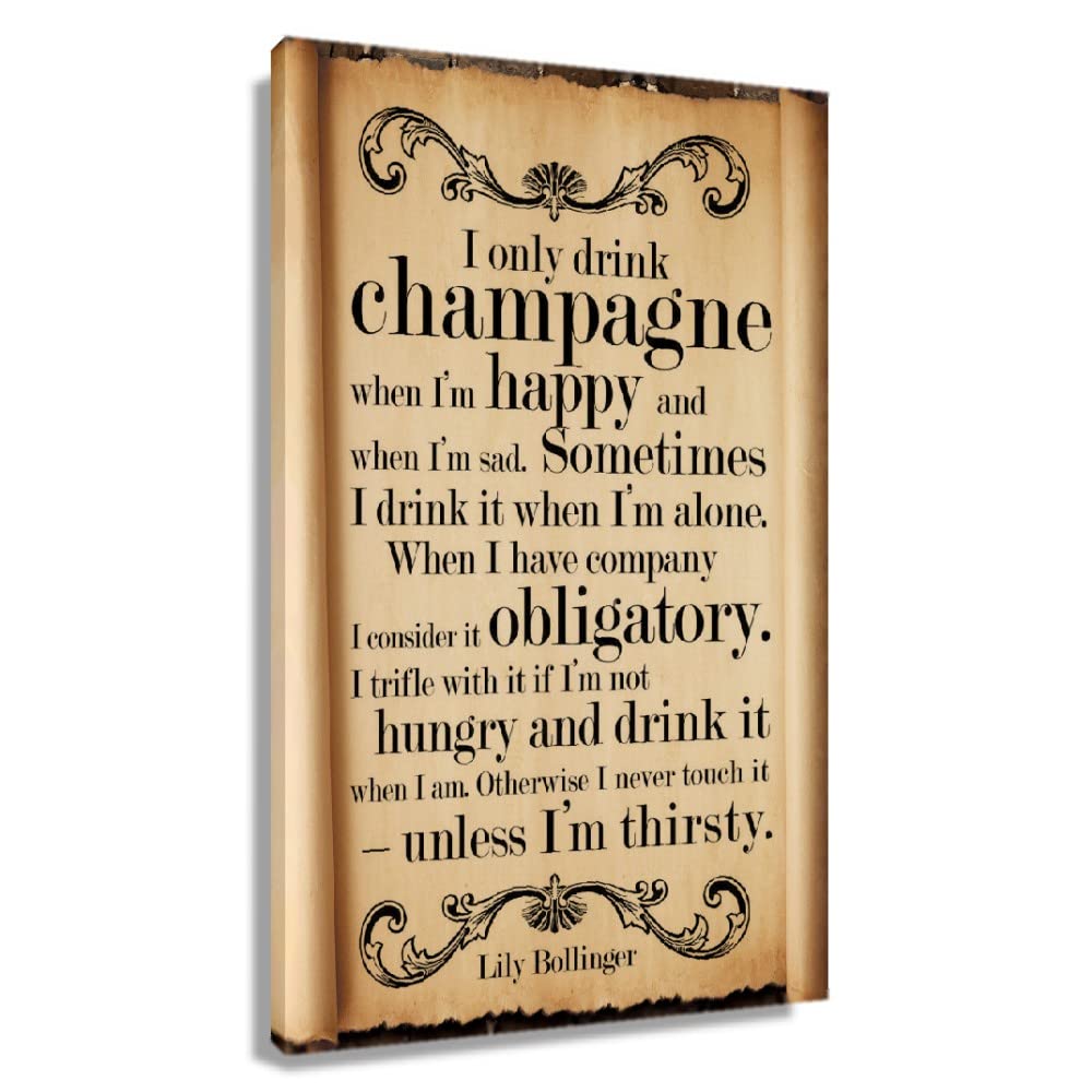 YZBFML Retro Lily Bollinger I Only Drink Champagne Quote Vintage Poster for Bedroom Printed Wall Decorative Pictures for Bathroom Painting Oil Canvas Modern Artwork Decoration Hallway Pics (12x18inch(30x45cm),Framed)