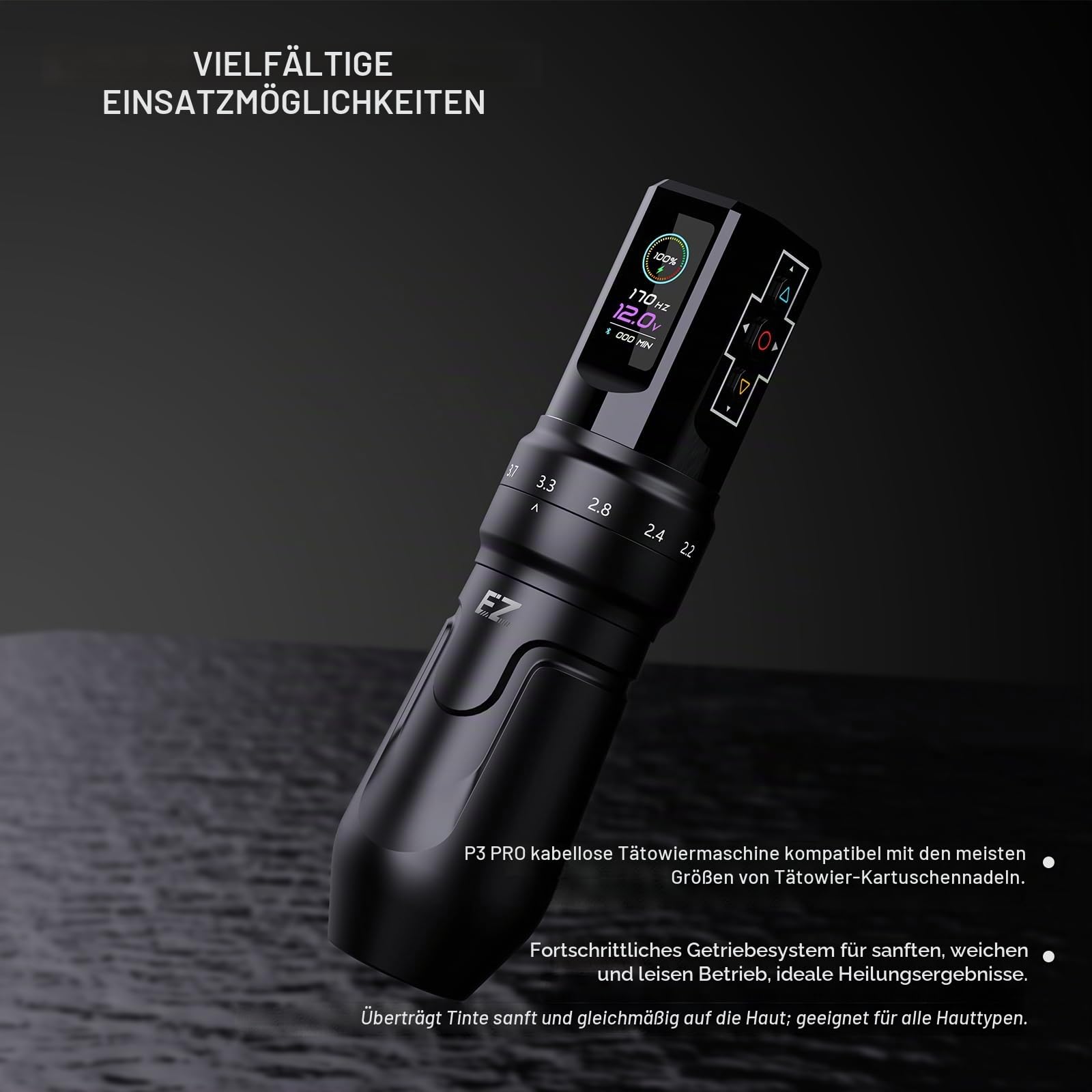 EZ P3 Pro Drahtlose Tattoo Maschine - 6 Anschläge 2.0, 2.4, 2.8, 3.3, 3.7, 4.2mm Bluetooth Tattoo Maschine mit OLED Digitalanzeige 1600mAh Akkuleistung (Mattes Schwarz)