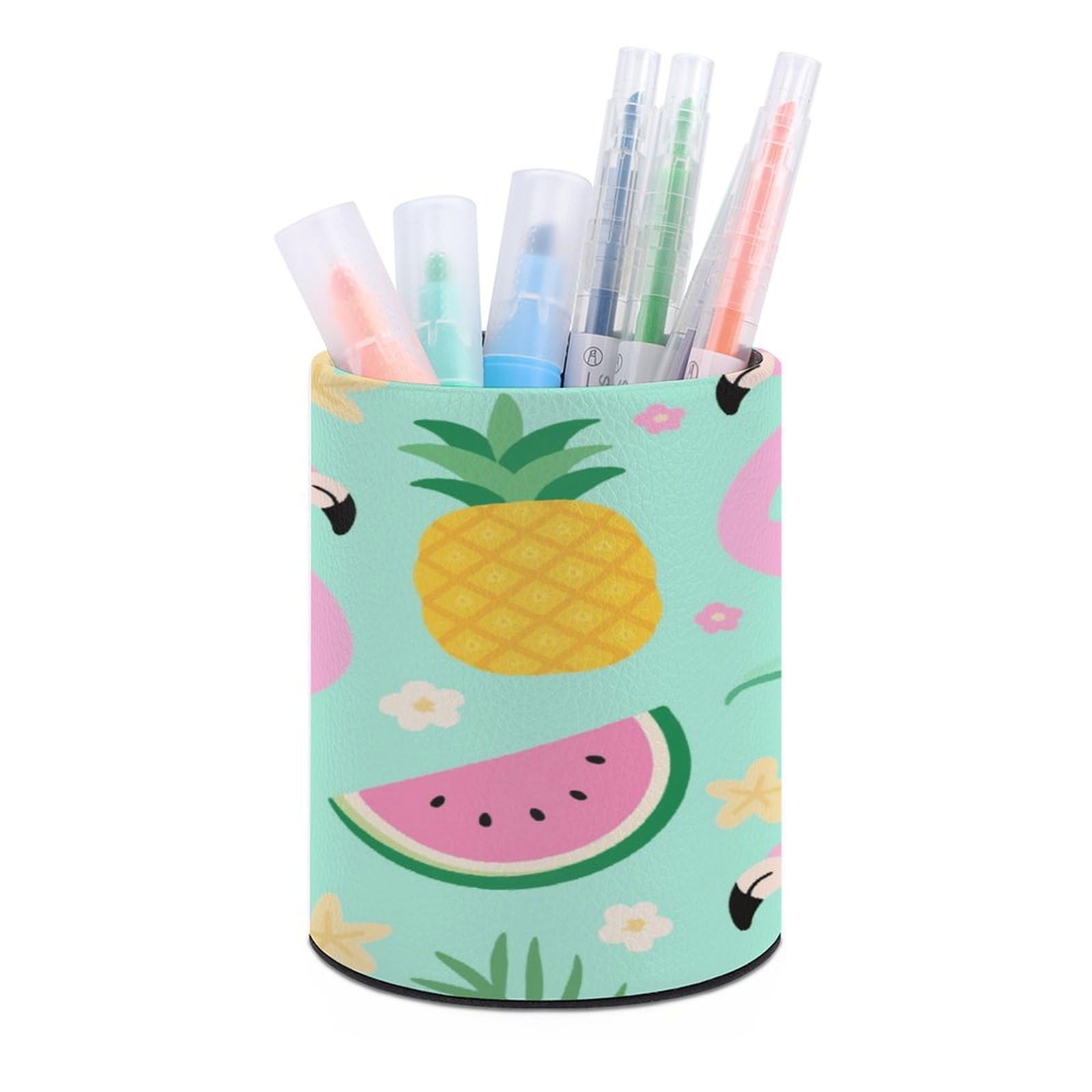 VstaDank Pineapple Watermelon Flamingo Pen Holder Round Pencil Holder for Desk Organizer PU Leather Pencil Cup Makeup Brush Holders Modern Pen Cup Large Pen Organizer for Office Home Ideal Gift