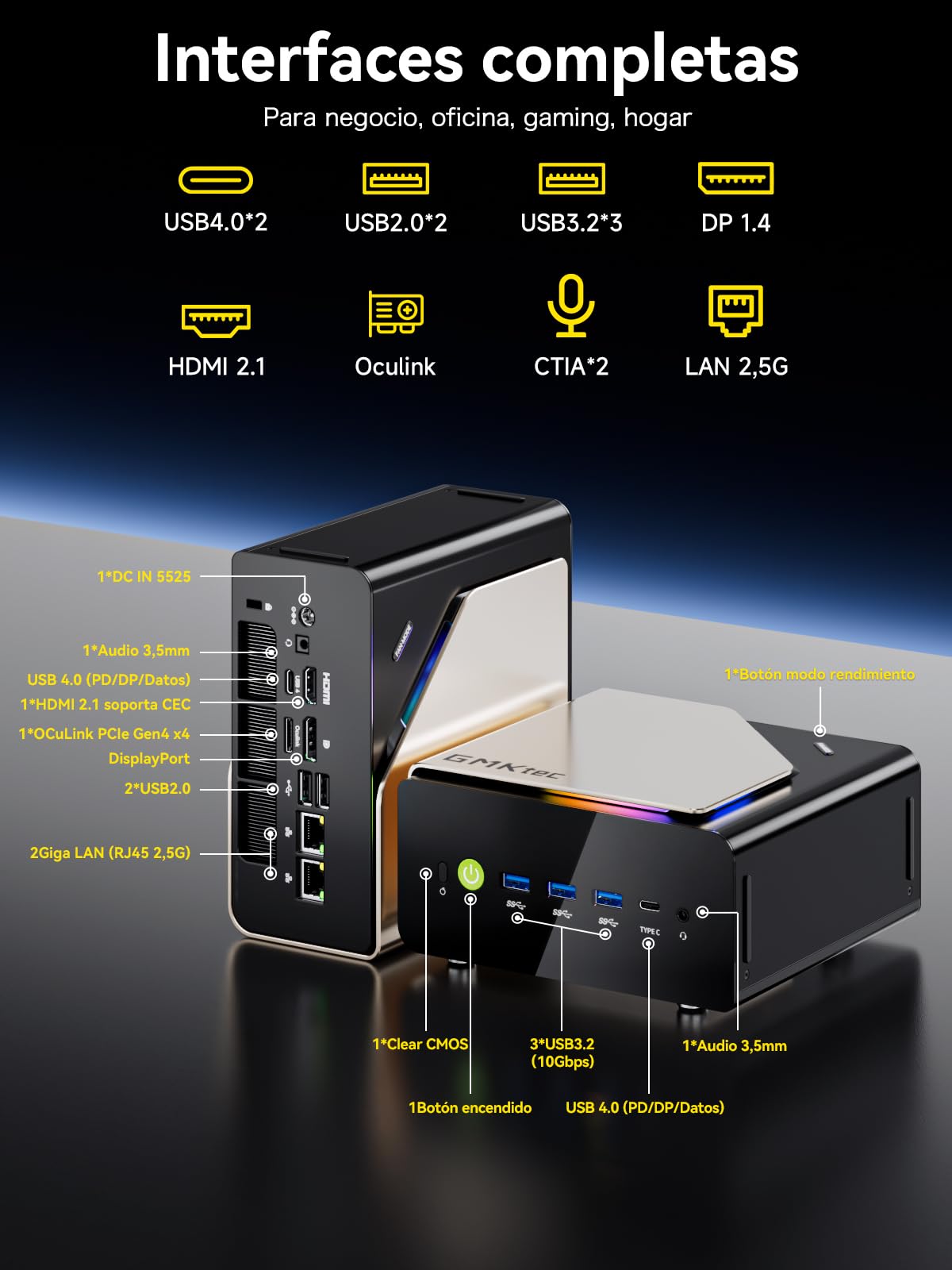 GMKtec EVO-T1 AI Mini PC Intel Ultra 9 285H, 64 GB DDR5, SSD M.2 PCIe 4.0 de 2 TB, 99 Tops, Mini Gaming PC con Oculink | Dual 2.5G LAN | USB 4.0 | Pantalla Cuádruple 8K, para el hogar y la Oficina