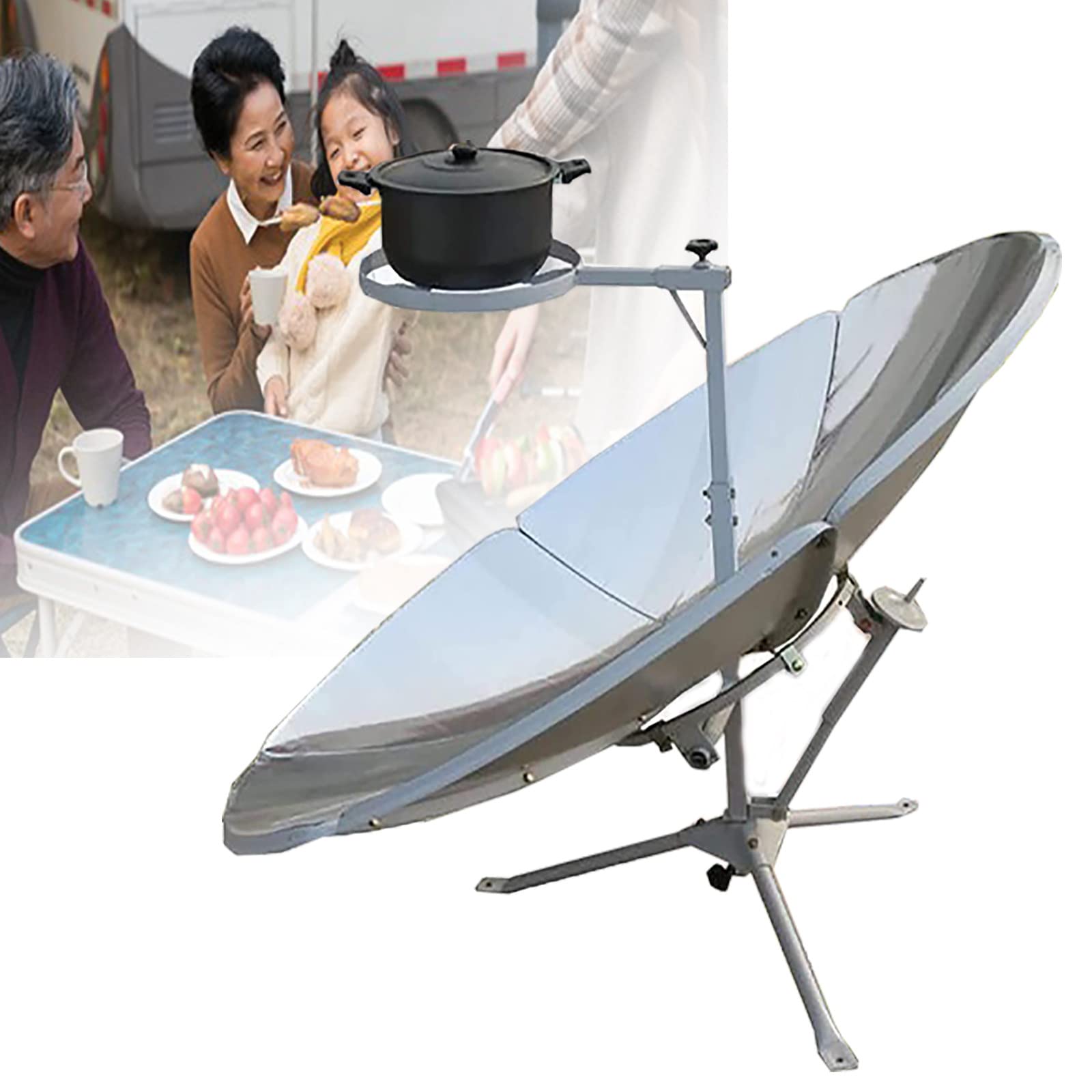 Przenośna kuchenka solarna, 2500 W, średnica 1,5 m, kempingowa zewnętrzna kuchenka solarna, łatwa do przenoszenia + długa żywotność + wysoka wartość opałowa, narzędzia do grilla turystycznego