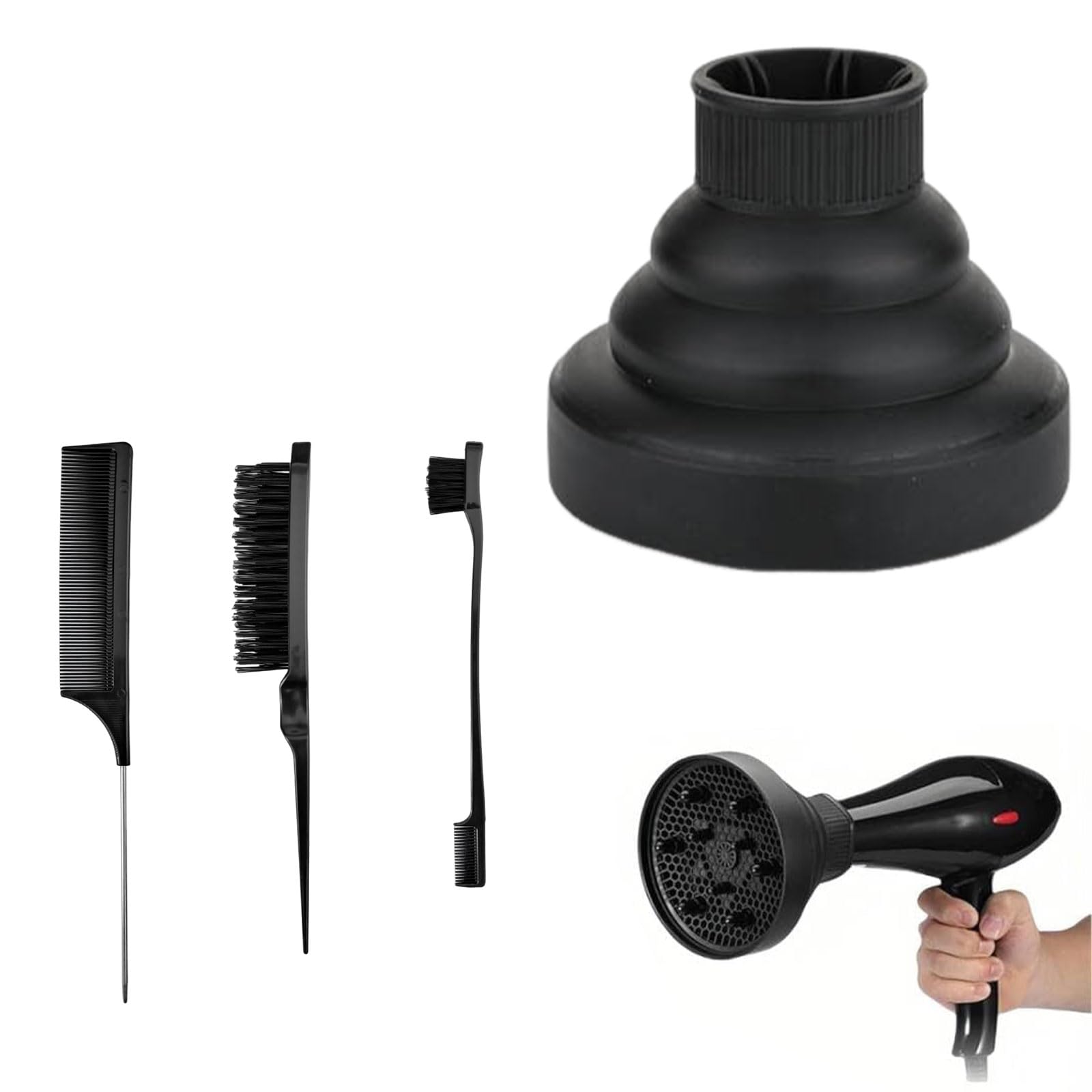 Diffusore Capelli Ricci,Diffusore Silicone Universale,Diffusore capelli ricci universale,Diffusore Pieghevole Capelli Ricci,Nero