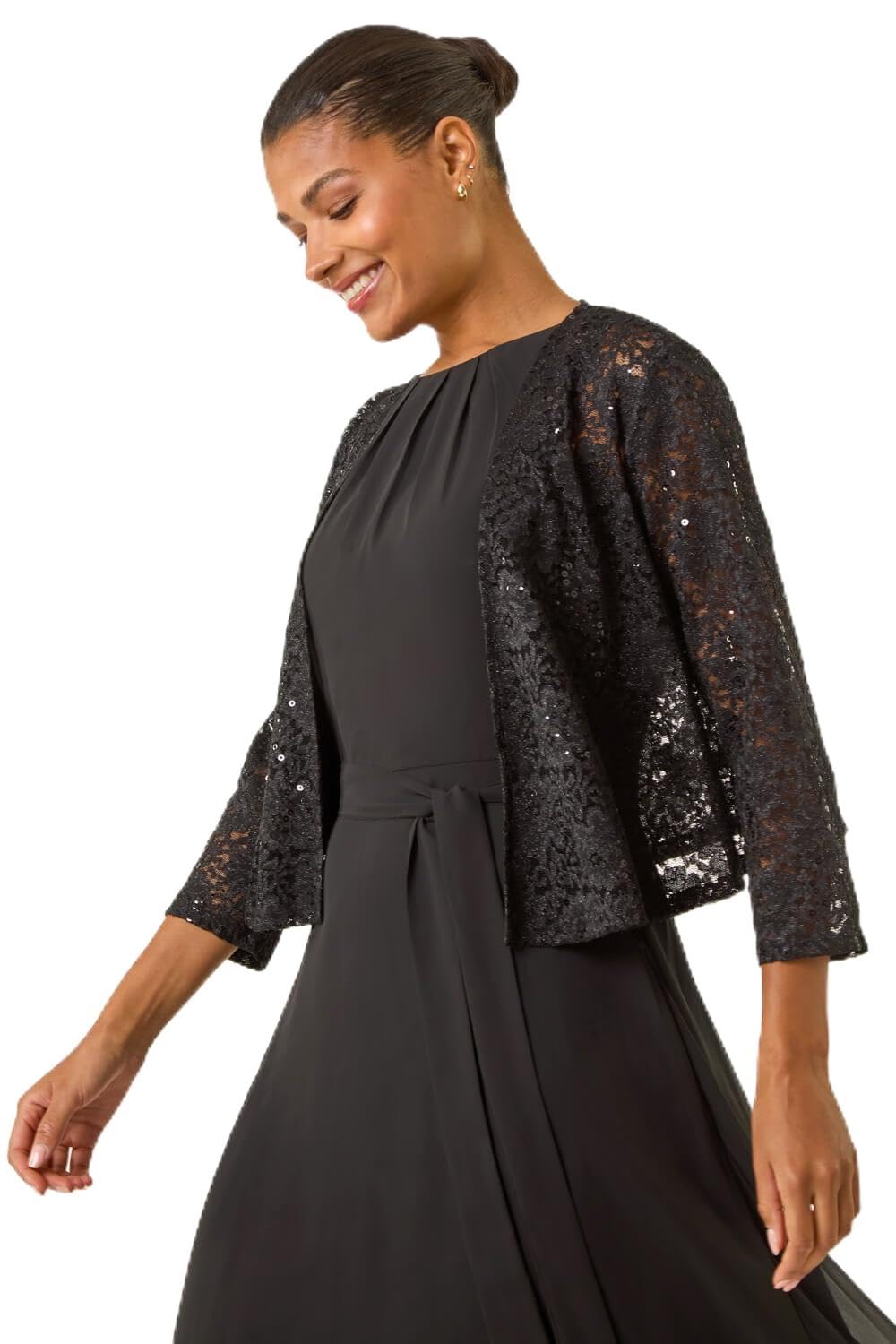 Roman Women's Black Glitter Sequin Lace Top