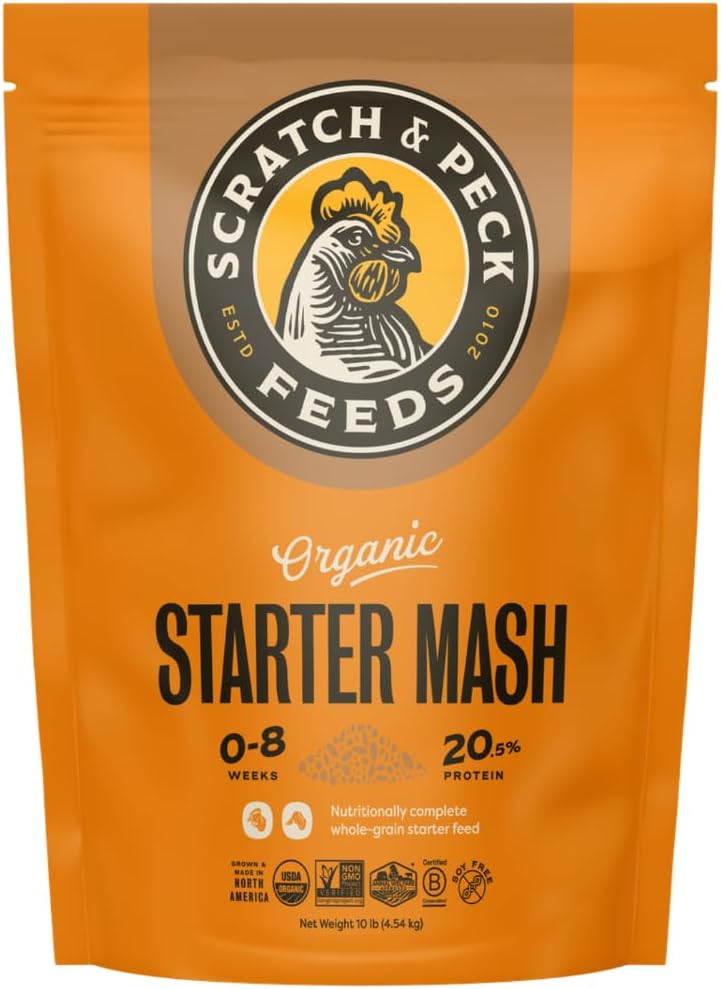 Scratch and Peck Whole Grain Starter Mash for Baby Chicks and Ducklings - 10 lb Bag - Corn and Soy-Free Feed with 20.5% Protein, Certified Organic and Non-GMO