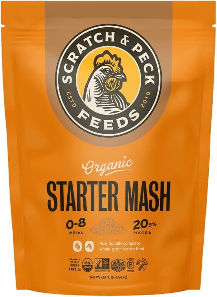 Scratch and Peck Whole Grain Starter Mash for Baby Chicks and Ducklings - 10 lb Bag - Corn and Soy-Free Feed with 20.5% Protein, Certified Organic and Non-GMO USDA Organic