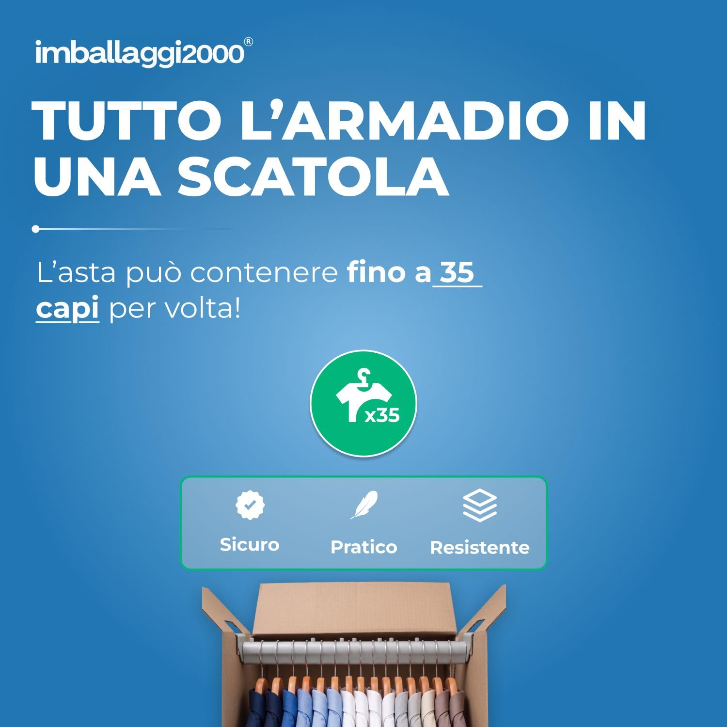 IMBALLAGGI 2000 - Scatole Cartone Porta Abiti con Barra Appendiabiti - 50x50 cm h 110 cm - Scatoloni per Trasloco Armadio - 5 Pezzi