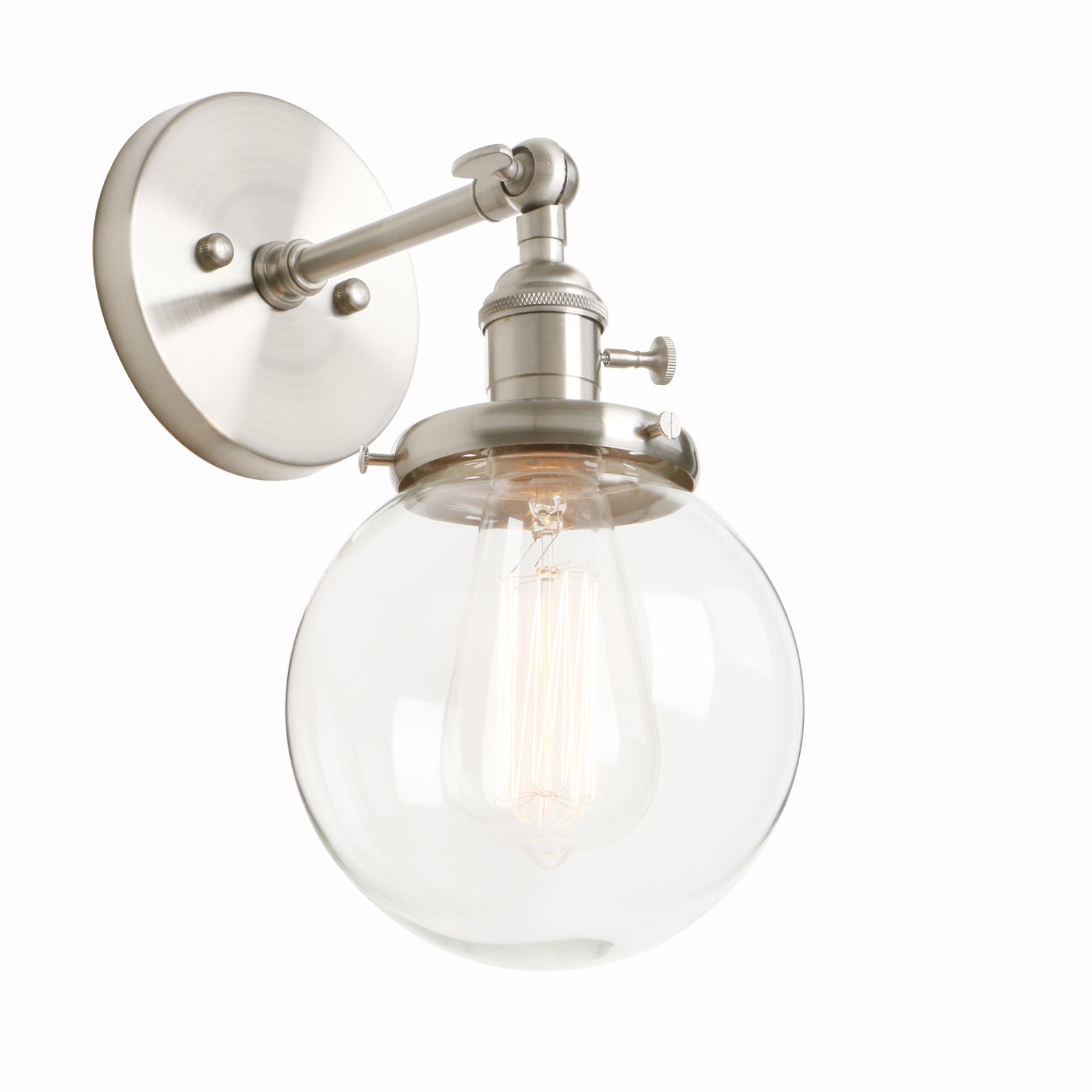 Phansthy Modern Wandlampe Vintage Glas Kugel Wandleuchte Retro Design Innen Wandbeleuchtung für Loft Schlafzimmer Wohnzimmer （Gebürsteter Edelstahl Farbe）
