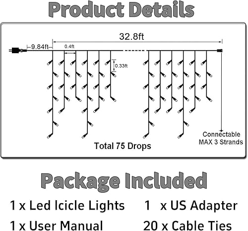 Miniatura 5 de Luces LED de carámbano para exteriores, 32.8 pies, 400 luces LED de Navidad con temporizador, impermeables, conectables, cortina de aleros,