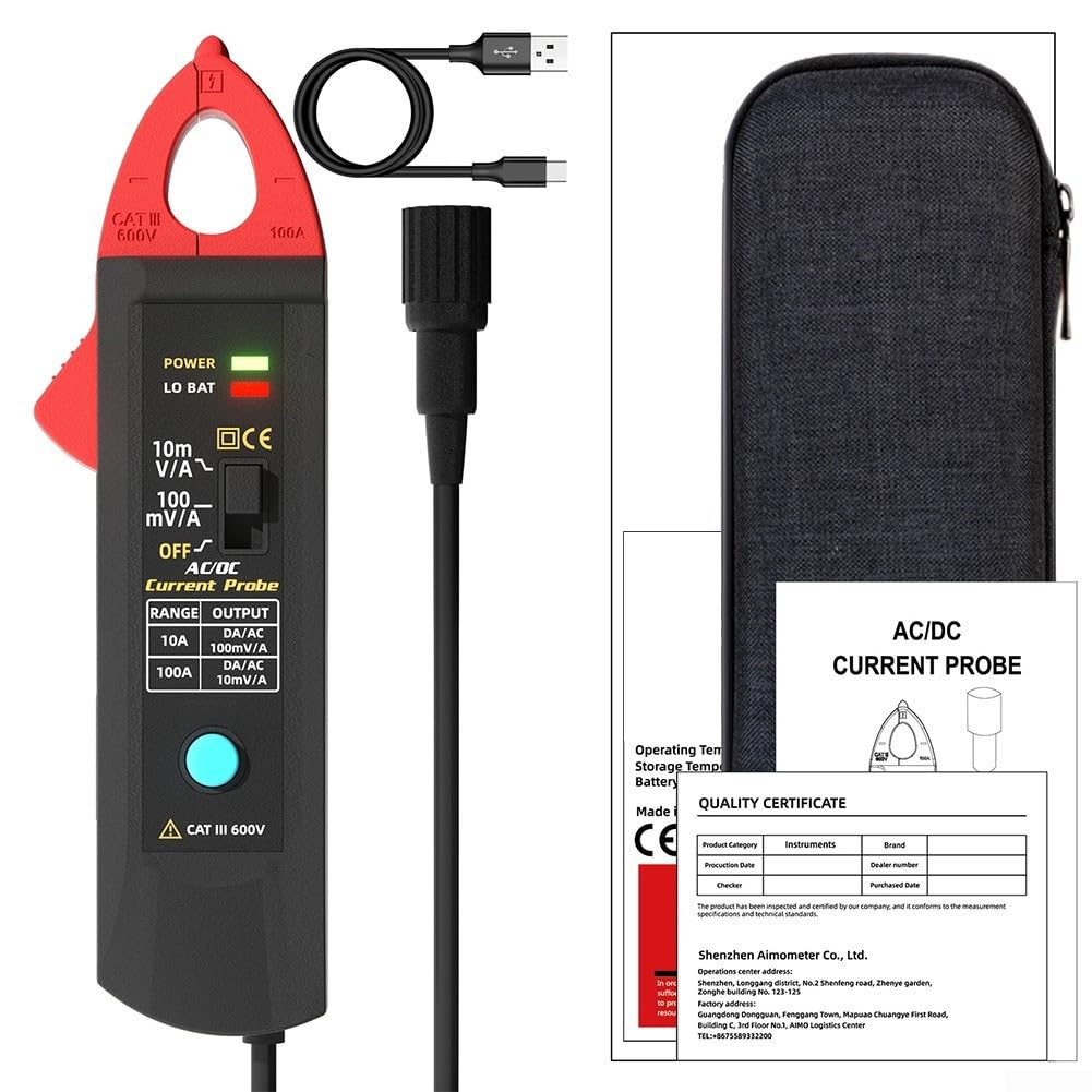 AC DC Strommesszange Smart Probe bis zu 100 A mit BNC-Stecker für Oszilloskop Elektriker Reparaturwerkzeug Berührungslose sichere Prüfung Dual Range Switching Wiederaufladbarer Typ-C-Anschluss Schwarz