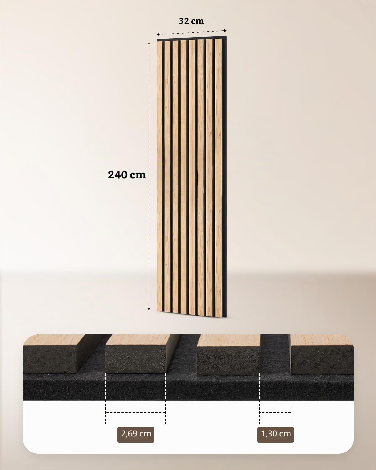 Soundsbay Akustikpaneele Holz Lamellenwand 2 Stück Helle Eiche 240x32cm | Holzfunier und Filz Wand, Moderne, Eichenfarbe, Wandpaneele, Schallschutzplatten, Wandverkleidung innen, Schallschutz