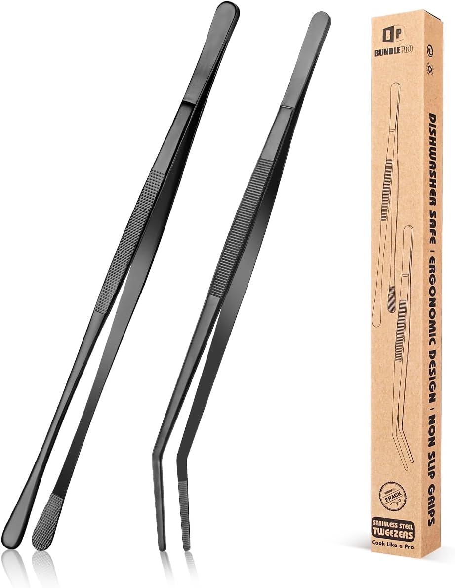 2 Pcs Kitchen Fine Tweezer Tongs, 12'' Stainless Steel Food Tweezers Set, Professional Black Kitchen Long Tweezer for Cooking, Repairing, Sea food and BBQ(BLACK)