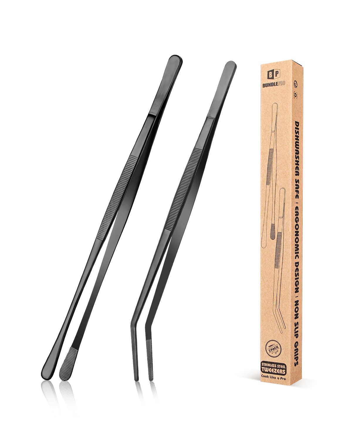 Kitchen Fine Tweezer Tongs, 12'' and 10'' Stainless Steel Food Tweezers Set, Professional Kitchen Long Tweezer for Cooking, Repairing, Sea Food and BBQ